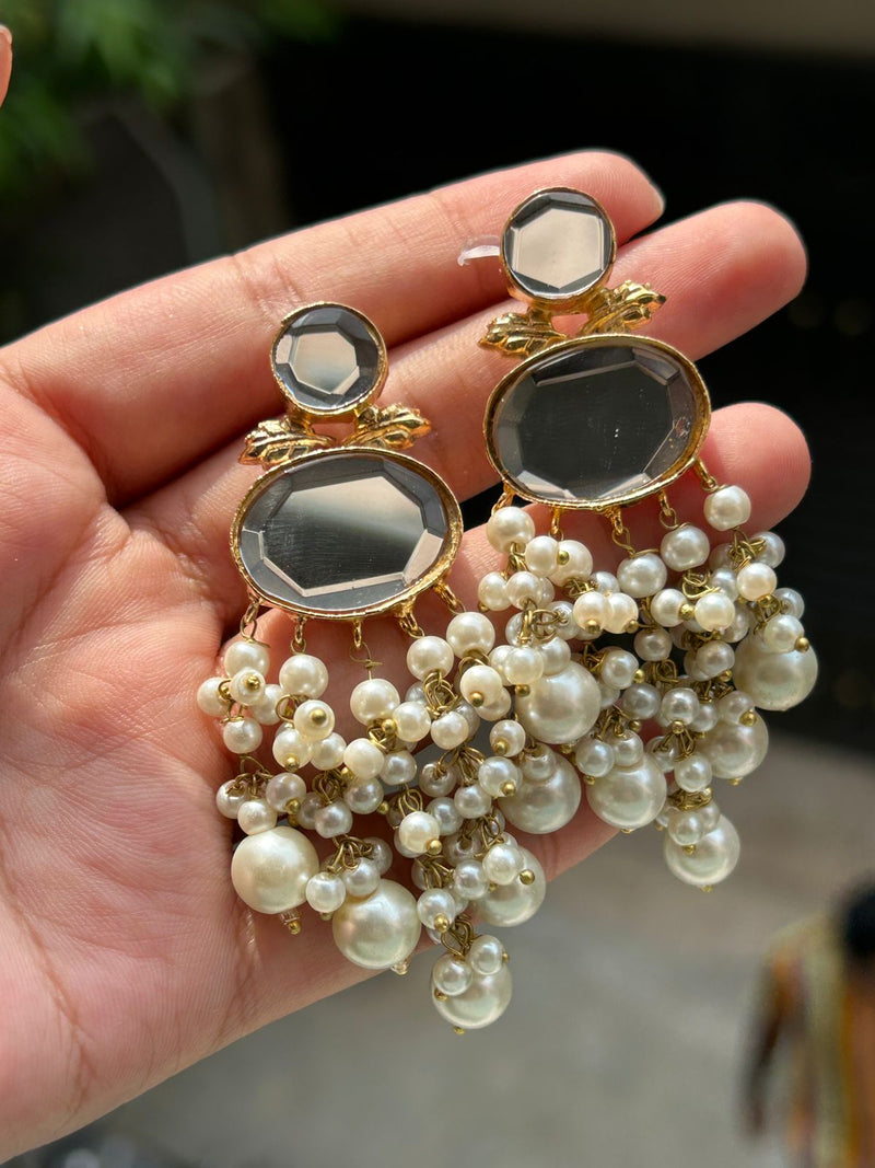 MIRROR KUDAN EARRINGS WITH PEARL DROP