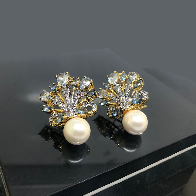 Regal Peacock Gemstone Earrings with Pearl Drop