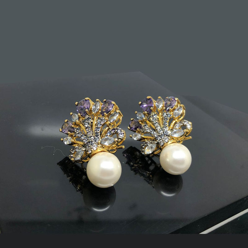 Regal Peacock Gemstone Earrings with Pearl Drop