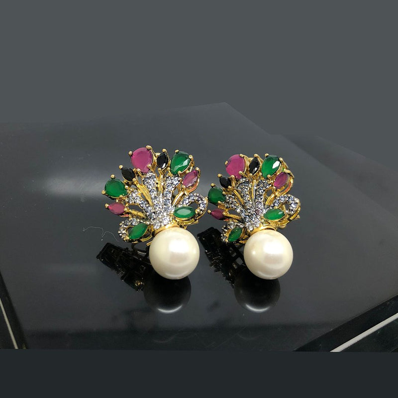 Regal Peacock Gemstone Earrings with Pearl Drop