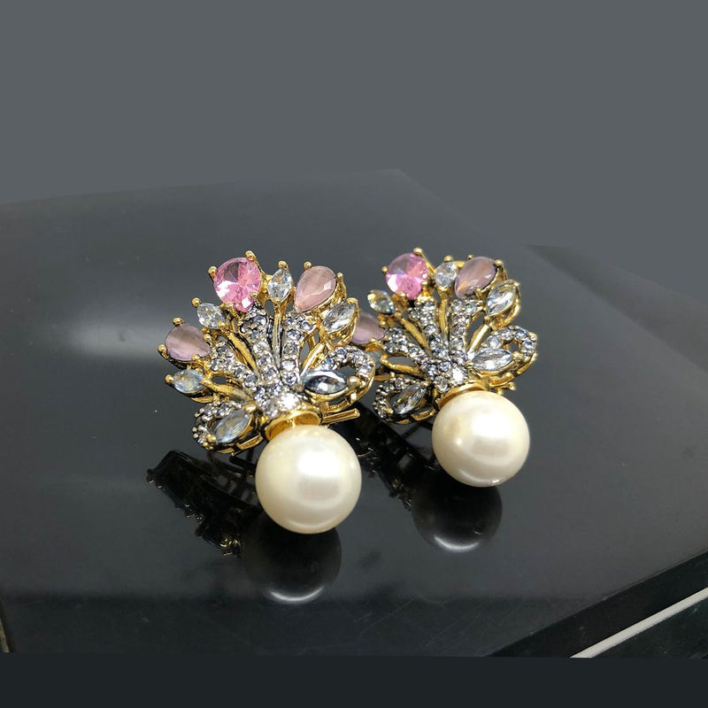 Regal Peacock Gemstone Earrings with Pearl Drop