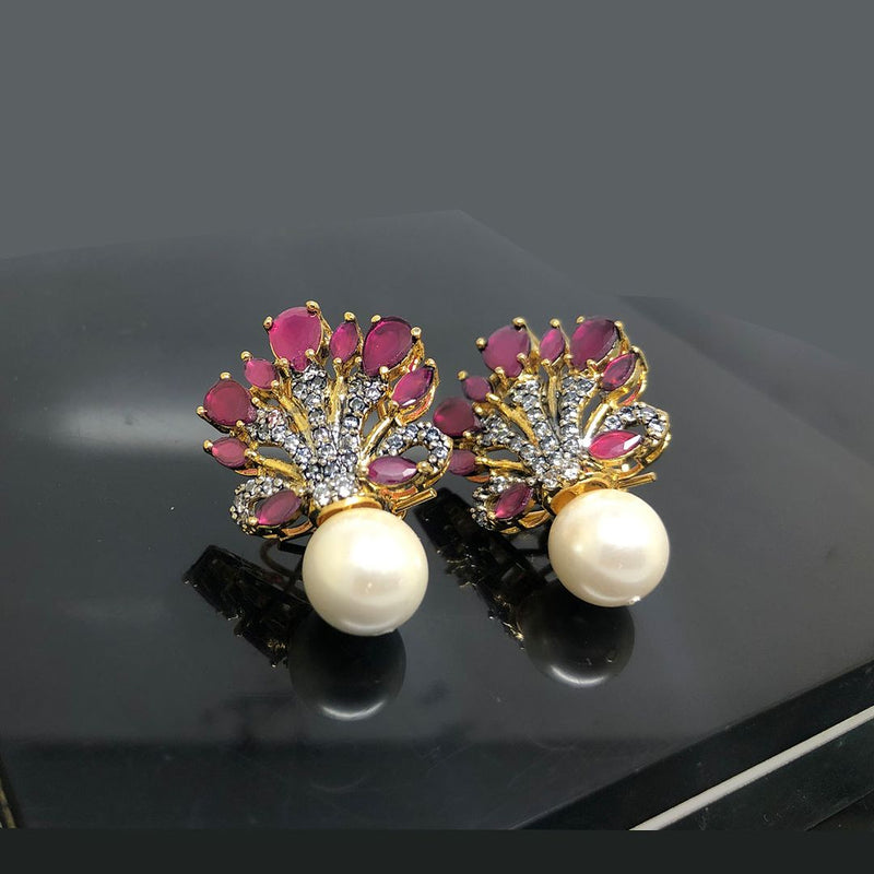 Regal Peacock Gemstone Earrings with Pearl Drop