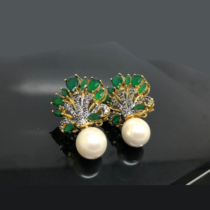 Regal Peacock Gemstone Earrings with Pearl Drop